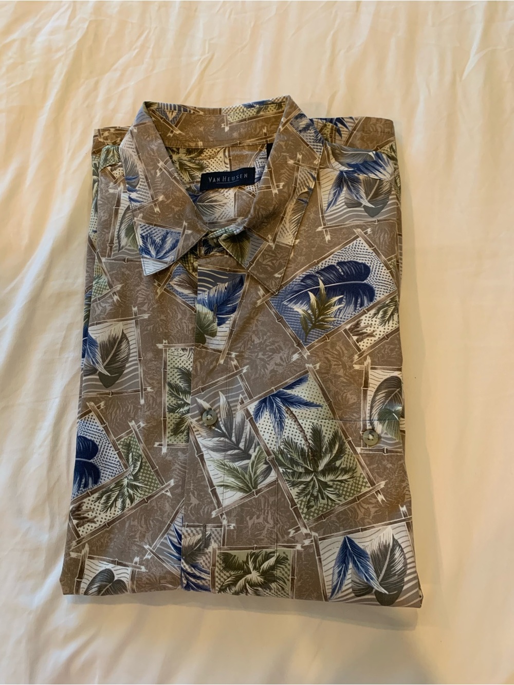 Van Heusen Brown Short-Sleeve Button-Up with Blue and Green Palm Print